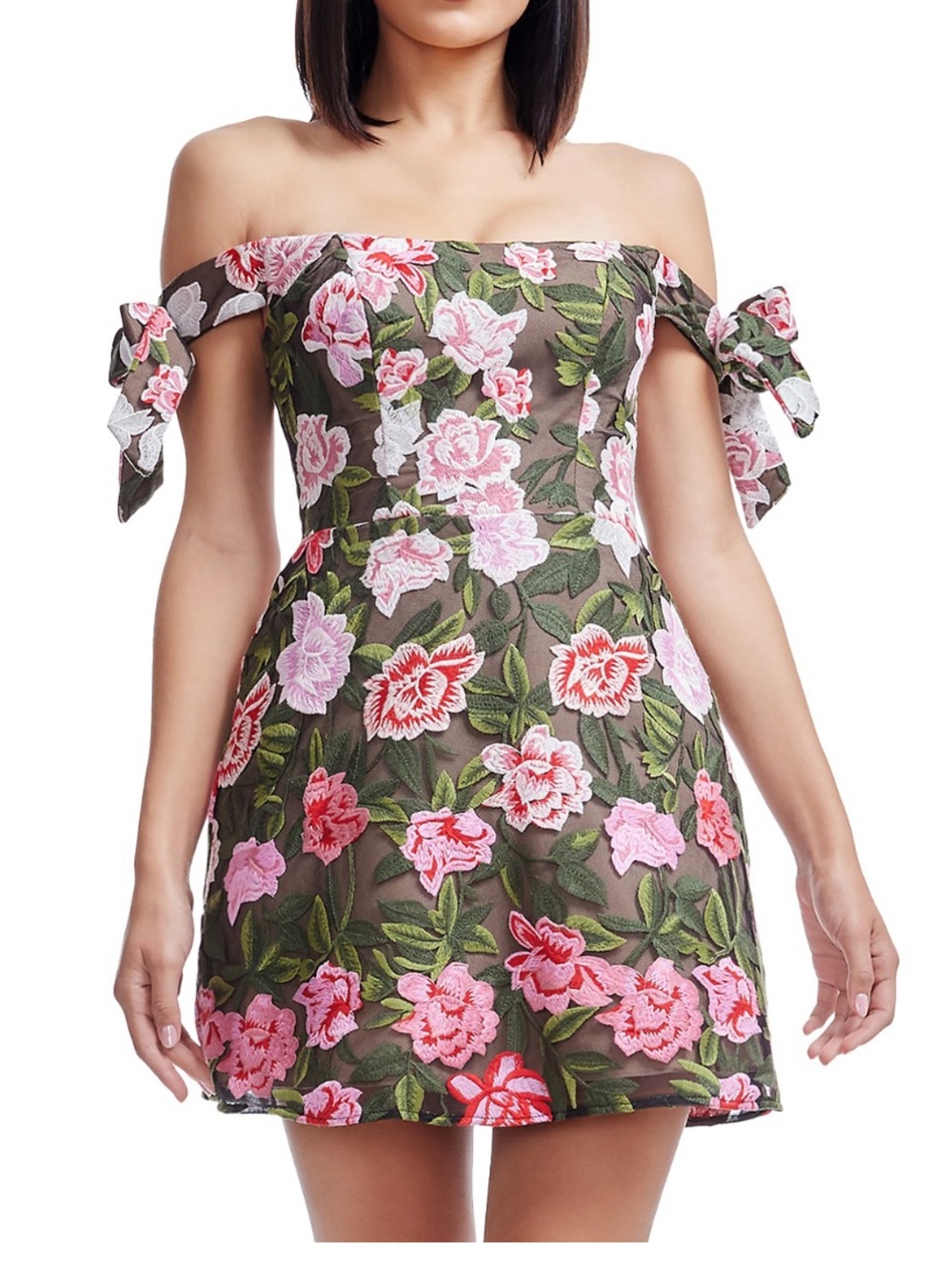 Dress the population Off-Shoulder Pink Rose Floral Mini Dress